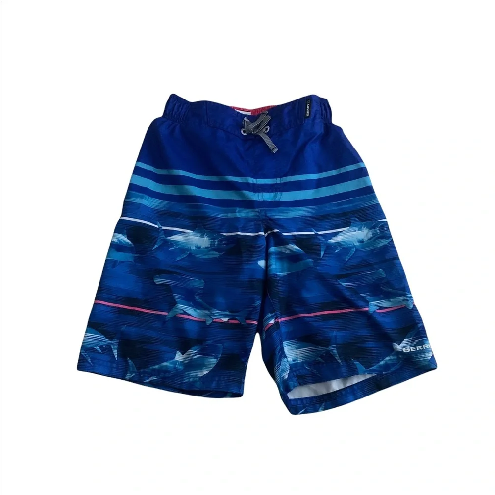 Gerry Gear | Youth Boys Swim Trunks Medium Blue Ocean Shark Hot Pink Stripe